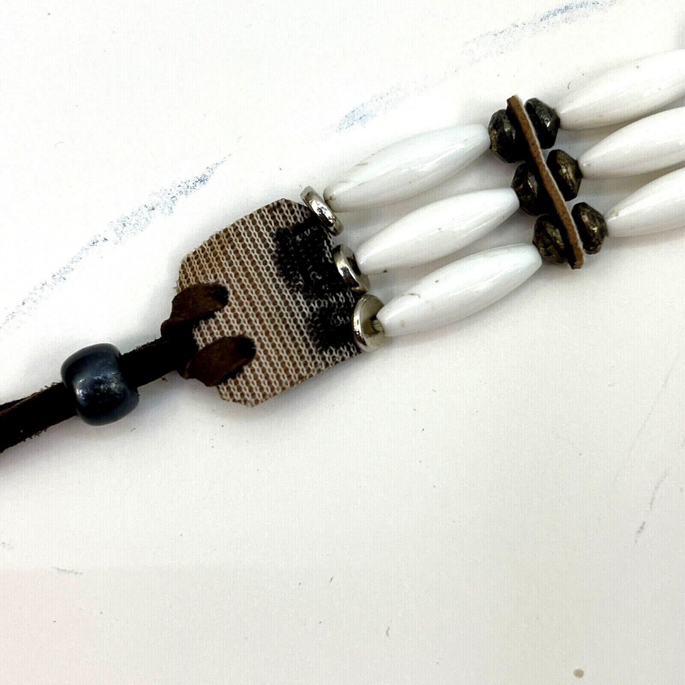 Handmade Beaded & Soft Leather Choker Necklace Purple White Diamond Design - Picture 8 of 12